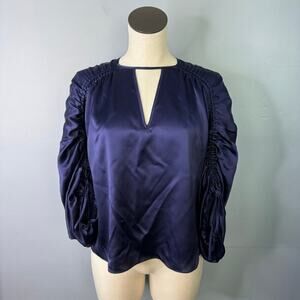 Parker Navy Blue 100% Pure Silk Keyhole Neckline Cinch Sleeve Blouse Womens Sz M